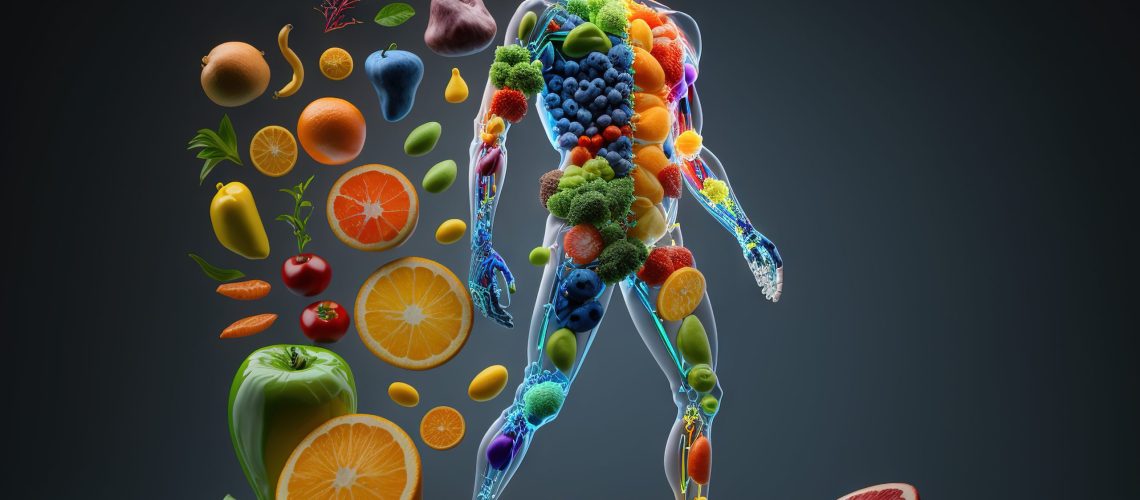 Fruits and vegetables forming a human body, metabolism, nutrition, eating diet, fitness, health, vitamins, digestion, supplements, health care, healthy lifestyle, healthy food. Generative AI